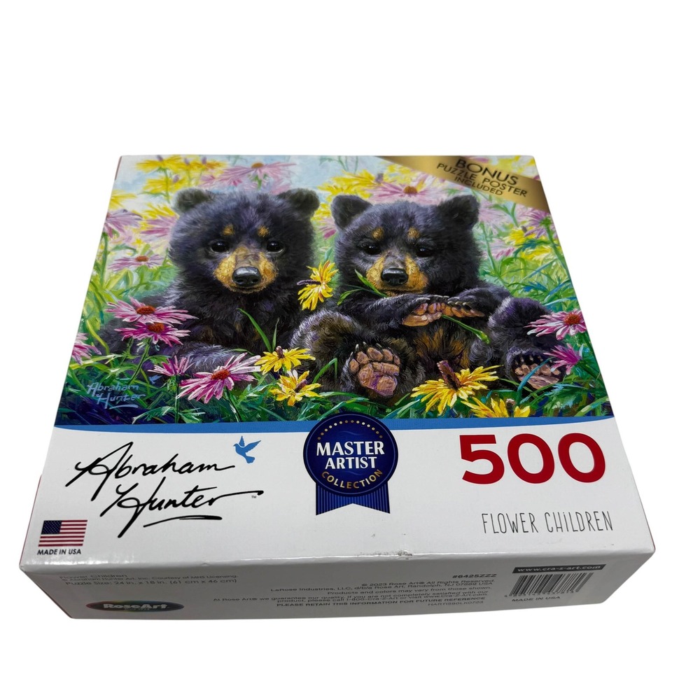 RoseArt Abraham Hunter Flower Children 500 Piece Puzzle Bear Cubs UNCOUNTED